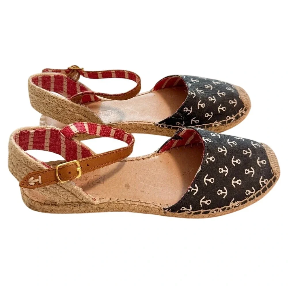 Sperry Top Sider Anchor Espadrille Sandals Womens 8M Navy Nautical Ankle Strap